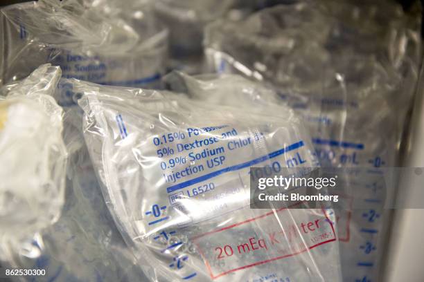 1000ml bags of saline sit in a bin at the pharmacy inside Perry Memorial Hospital in Princeton, Illinois, U.S., on Wednesday, Oct. 11, 2017. Senate...