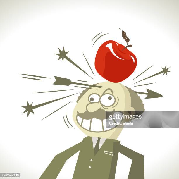shooting arrow at an apple target on a businessman's head but failing - business revenge stock illustrations