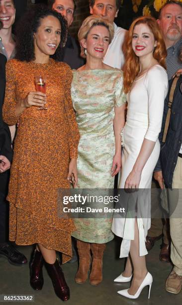 Cast members Vinette Robinson, Victoria Hamilton and Charlotte Hope attend the press night performance of "Albion" at The Almeida Theatre on October...