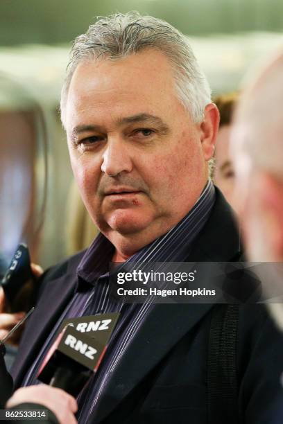 Outgoing NZ First MP Richard Prosser speaks to media as coalition discussions continue at Parliament on October 18, 2017 in Wellington, New Zealand....