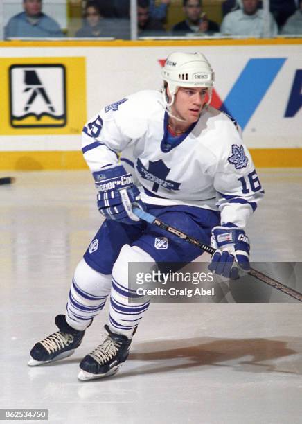 Darby Hendrickson of the Toronto Maple Leafs skates during game action against the Detroit Red Wings on February 18, 1996 at Maple Leaf Gardens in...