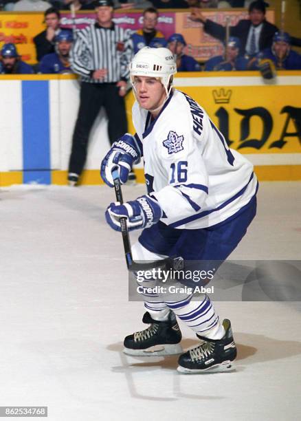 Darby Hendrickson of the Toronto Maple Leafs skates during game action against the Buffalo Sabres on February 10, 1996 at Maple Leaf Gardens in...