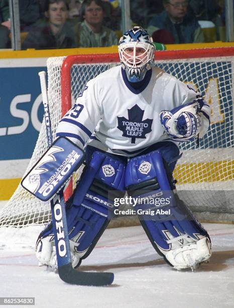 Felix Potvin of the Toronto Maple Leafs skates against the Winnipeg Jets during NHL game action on March 13, 1996 at Maple Leaf Gardens in Toronto,...