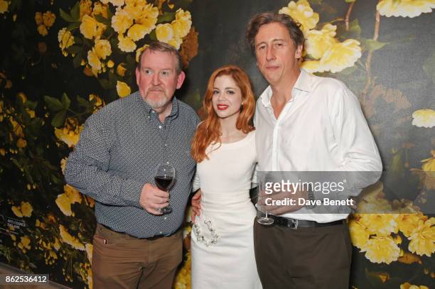 Cast members Nigel Betts, Charlotte Hope and Nicholas Rowe attend the press night performance of "Albion" at The Almeida Theatre on October 17, 2017...