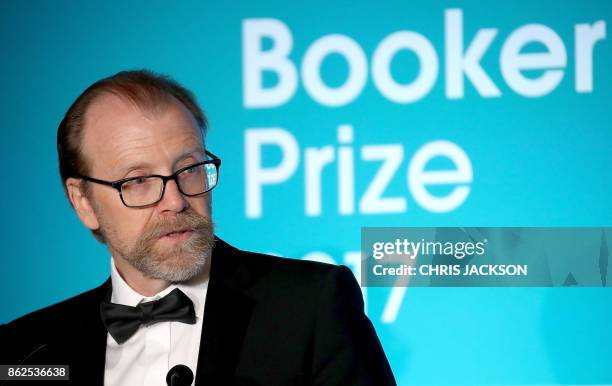 Author George Saunders speaks after being annouced as the winner of the 2017 Man Booker Prize for Fiction, at the Guildhall in central London on...