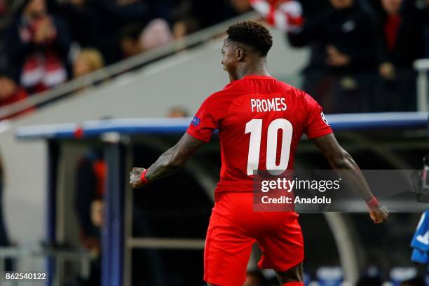 Quincy Promes of Spartak Moscow celebrates his score during the UEFA Champions League match between Spartak Moscow and Sevilla FC at Spartak Stadium...