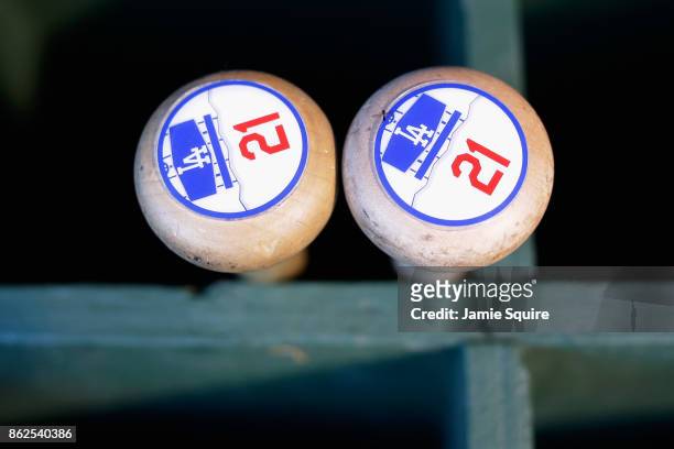 Detail view of the bats of Yu Darvish of the Los Angeles Dodgers before game three of the National League Championship Series against the Chicago...