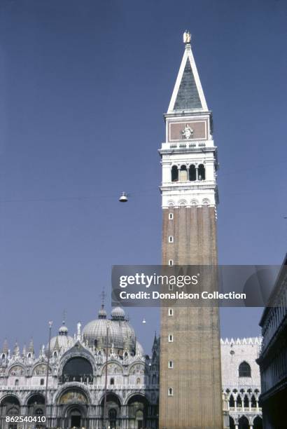 View of the Bell Tower and St Mark's Basilica on September 12, 1963 in Venice, Italy.