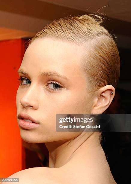 Model poses backstage ahead of the Dion Lee catwalk show off site at the Kings Cross Carpark on day two of Rosemount Australian Fashion Week...