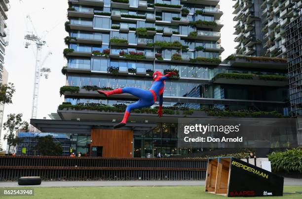 Parkour athletes dressed as spiderman practice manouvres at Central Park on October 18, 2017 in Sydney, Australia.