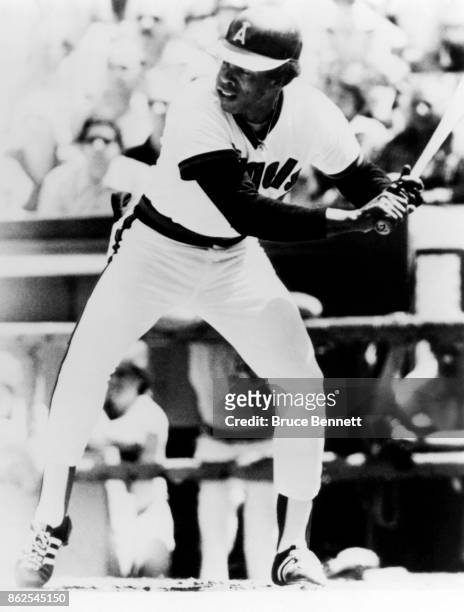 Rod Carew of the California Angels bats during an MLB game against the Oakland Athletics circa 1980 at Anaheim Stadium in Anaheim, California.