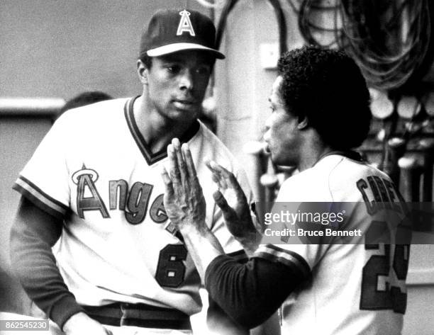 Rod Carew of the California Angels gives some pointers to teammate Daryl Sconier on how to play first base during an MLB game against the Cleveland...