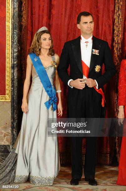 Prince Felipe of Spain and Princess Letizia of Spain attend a Gala Dinner honouring French President Nicolas Sarkozy, at The Royal Palace, on April...