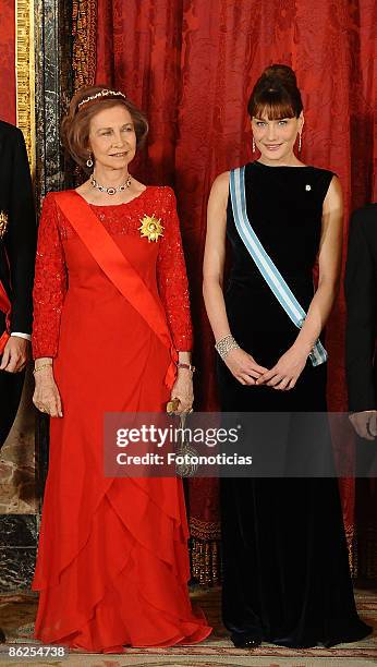 Queen Sofia of Spain and Carla Bruni Sarkozy attend a Gala Dinner honouring French President Nicolas Sarkozy, at The Royal Palace, on April 27, 2009...