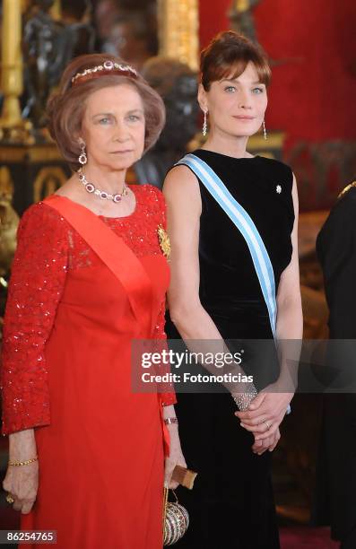 Queen Sofia of Spain and Carla Bruni Sarkozy attend a Gala Dinner honouring French President Nicolas Sarkozy, at The Royal Palace, on April 27, 2009...