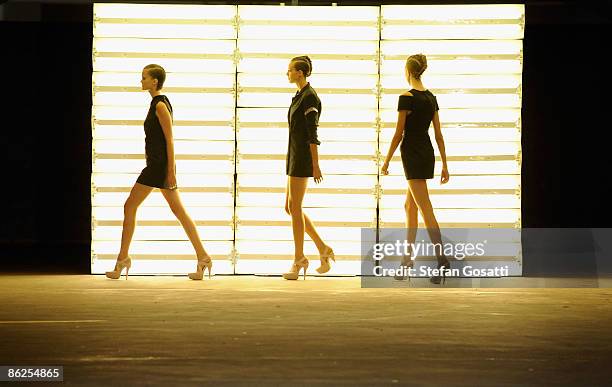 Models showcase designs by Dion Lee on the catwalk at the Kings Cross Car Park on day two of Rosemount Australian Fashion Week Spring/Summer 2009/10...