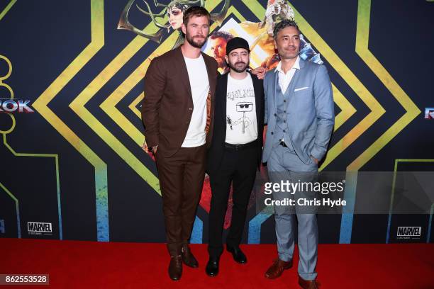 Chris Hemsworth, Brad Winderbaum and Taika Waititi arrive for the Thor: Ragnarok Australian Premiere at Event Cinemas Robina on October 13, 2017 in...
