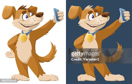 2018 Year Of The Dog Funny Cartoon Dog With A Medal Making Selfie Cartoon  Styled Vector Illustration Elements Is Grouped On Dark Background And  Isolated On White High-Res Vector Graphic - Getty