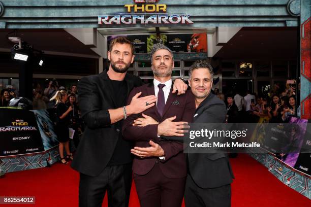 Chris Hemsworth, Taika Waititi and Mark Ruffalo attend the Thor: Ragnarok Sydney Screening Event on October 15, 2017 in Sydney, Australia.