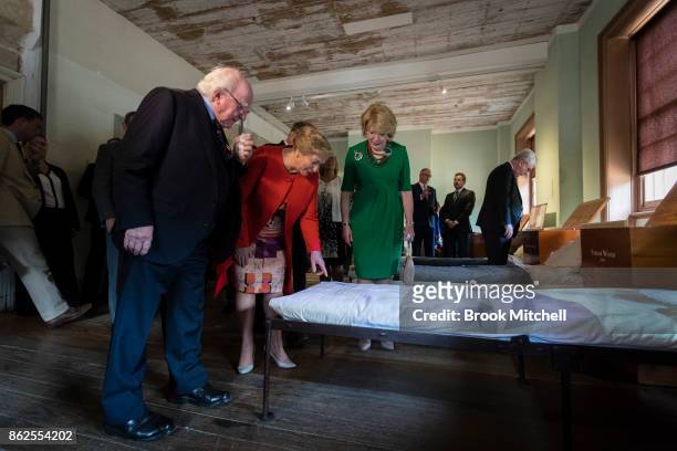 Irish President Michael D. Higgins with Ireland's Deputy PM Frances Fitzgerald and his partner Sabina Higgins are pictured inspecting an exhibition...