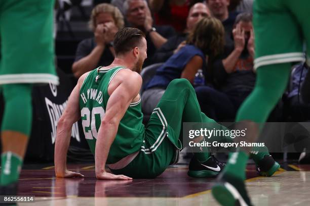 Gordon Hayward of the Boston Celtics is sits on the floor after being injured while playing the Cleveland Cavaliers at Quicken Loans Arena on October...