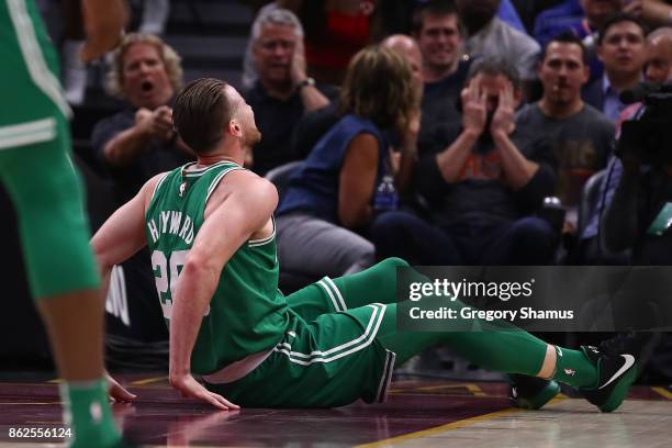 Gordon Hayward of the Boston Celtics is sits on the floor after being injured while playing the Cleveland Cavaliers at Quicken Loans Arena on October...