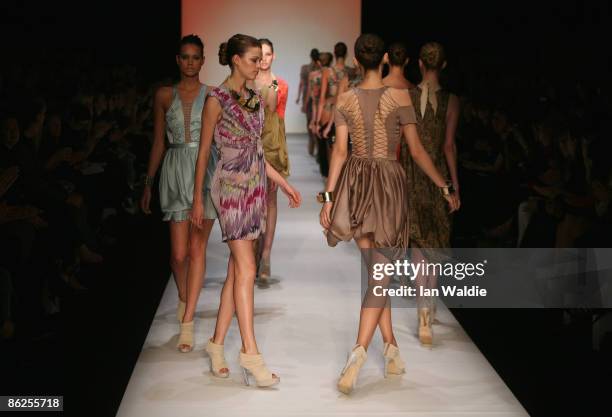 Models showcase designs by Zimmermann on the catwalk at the Overseas Passenger Terminal, Circular Quay on day two of Rosemount Australian Fashion...