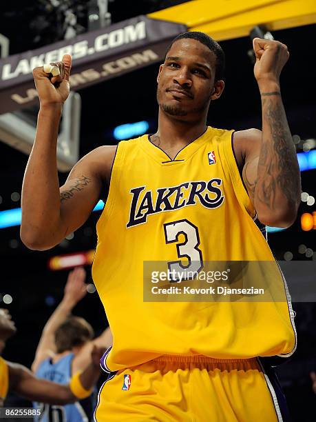 Trevor Ariza of the Los Angeles Lakers reacts in the second quarter against the Utah Jazz in Game Five of the Western Conference Quarterfinals during...