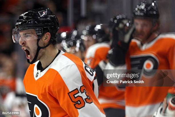 Shayne Gostisbehere of the Philadelphia Flyers celebrates his goal against the Florida Panthers during the second period at Wells Fargo Center on...