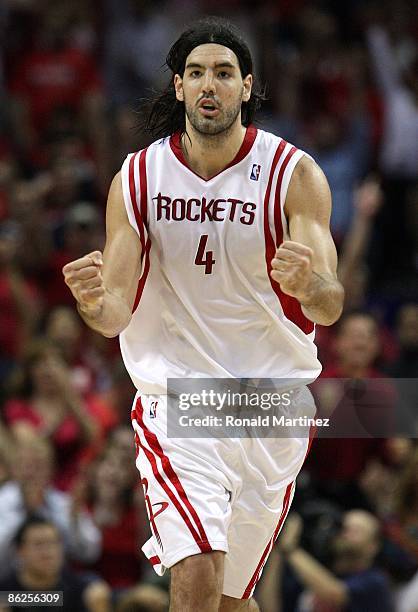 Forward Luis Scola of the Houston Rockets reacts during play against the Portland Trail Blazers in Game Four of the Western Conference Quarterfinals...