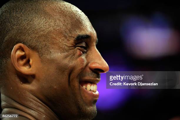 Kobe Bryant of the Los Angeles Lakers looks on after defeating the Utah Jazz in Game Five of the Western Conference Quarterfinals during the 2009 NBA...
