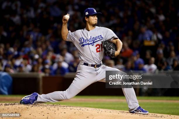 Yu Darvish of the Los Angeles Dodgers pitches in the first inning against the Chicago Cubs during game three of the National League Championship...