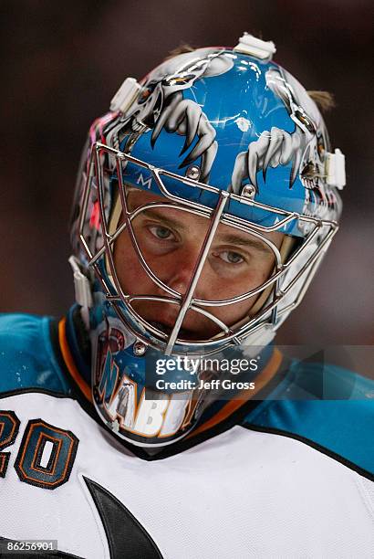 Evgeni Nabokov of the San Jose Sharks stands on the ice during the Sharks 4-1 loss to the Anaheim Ducks during Game Six of the Western Conference...