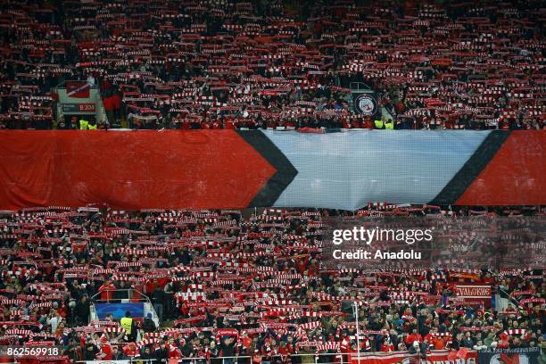 Fans of Spartak Moscow are seen during the UEFA Champions League match between Spartak Moscow and Sevilla FC at Spartak Stadium in Moscow, Russia on...