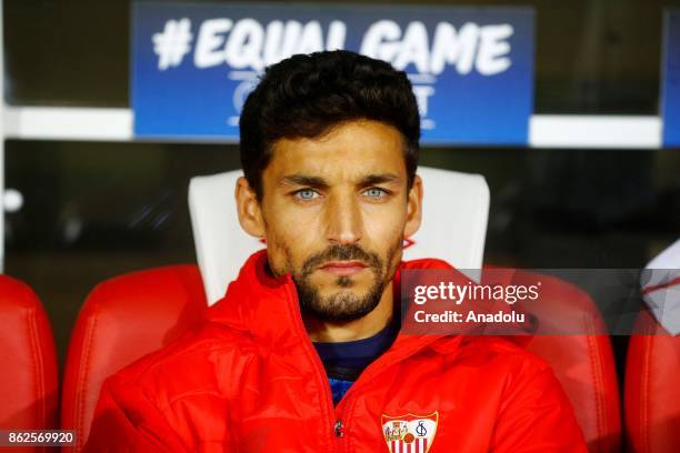 Jesus Navas of Sevilla is seen on the bench during the UEFA Champions League match between Spartak Moscow and Sevilla FC at Spartak Stadium in...