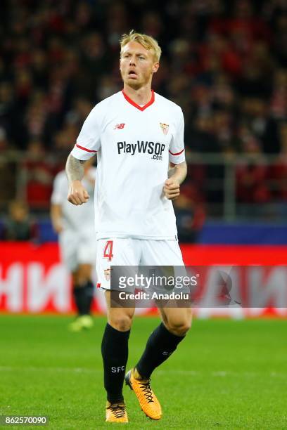 Simon Kjaer of Sevilla is seen during the UEFA Champions League match between Spartak Moscow and Sevilla FC at Spartak Stadium in Moscow, Russia on...