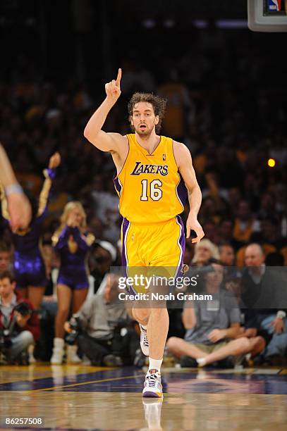 Pau Gasol of the Los Angeles Lakers reacts while taking on the Utah Jazz in Game Five of the Western Conference Quarterfinals during the 2009 NBA...