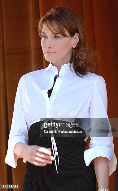 Carla Bruni Sarkozy is received by King Juan Carlos of Spain and Queen Sofia of Spain at El Pardo Palace on April 27, 2009 in Madrid, Spain.
