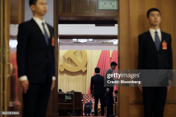 Preparations are made in the Great Hall of the People before the opening of the 19th National Congress of the Communist Party of China in Beijing,...