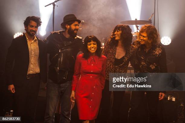 Jordan Hyde, David Jamison, Alynda Seggara, and Caitlin Gray of Hurray for the Riff Raff take a bow on stage at KOKO following their set on October...