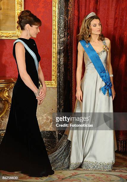 Carla Bruni Sarkozy and Princess Letizia of Spain attend a Gala Dinner honouring French President Nicolas Sarkozy at The Royal Palace, on April 27,...