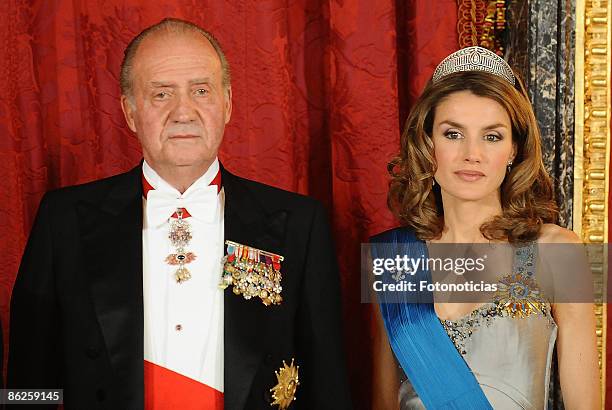 King Juan Carlos of Spain and Princess Letizia of Spain attend a Gala Dinner honouring French President Nicolas Sarkozy at The Royal Palace, on April...