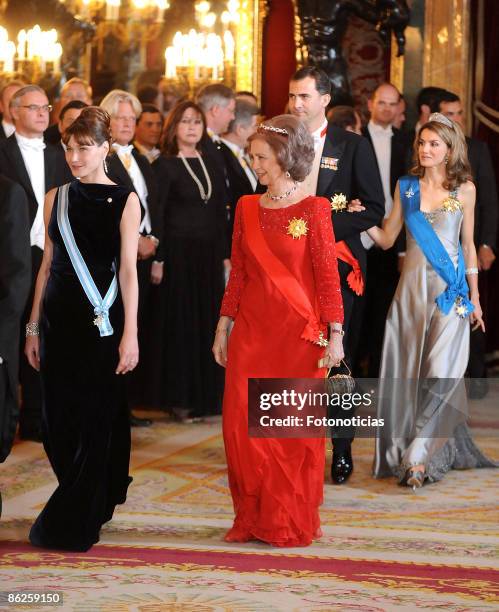 Carla Bruni Sarkozy, Queen Sofia of Spain, Prince Felipe of Spain and Princess Letizia of Spain attend a Gala Dinner honouring French President...