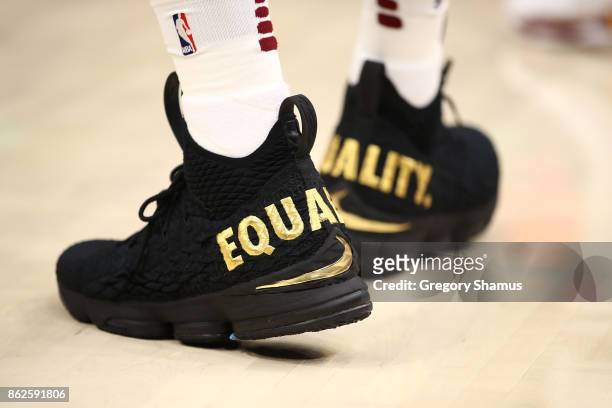 Detail of LeBron James of the Cleveland Cavaliers shoes while playing the Boston Celtics at Quicken Loans Arena on October 17, 2017 in Cleveland,...