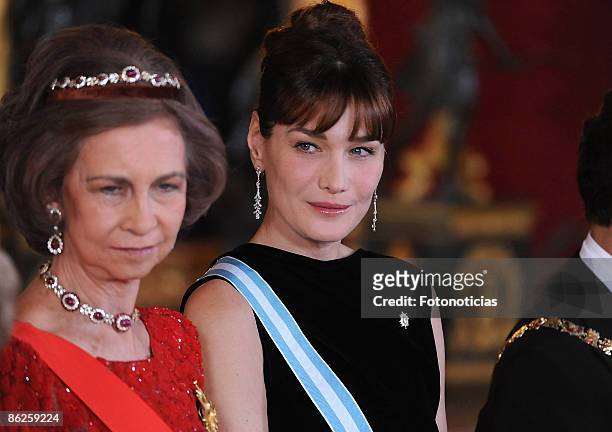 Queen Sofia of Spain and Carla Bruni Sarkozy attend a Gala Dinner honouring French President Nicolas Sarkozy, at The Royal Palace, on April 27, 2009...