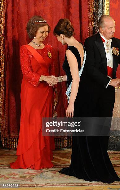 Queen Sofia of Spain of Spain receives Carla Bruni Sarkozy at the Gala Dinner honouring French President Nicolas Sarkozy, at The Royal Palace, on...