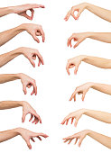 Set of white man and woman hands. Hand picking up something
