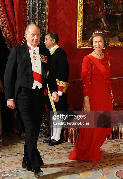 King Juan Carlos of Spain and Queen Sofia of Spain attend a Gala Dinner honouring French President Nicolas Sarkozy, at The Royal Palace, on April 27,...