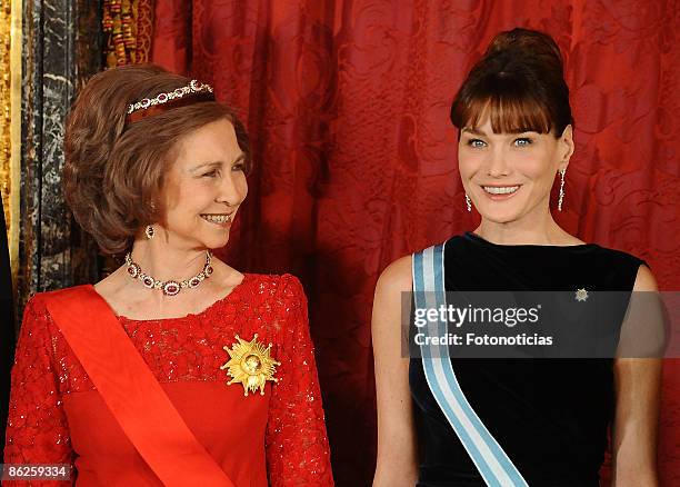 Queen Sofia of Spain and Carla Bruni Sarkozy attend a Gala Dinner honouring French President Nicolas Sarkozy, at The Royal Palace, on April 27, 2009...