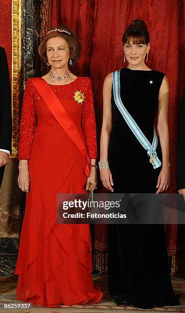 Queen Sofia of Spain and Carla Bruni Sarkozy attend a Gala Dinner honouring French President Nicolas Sarkozy, at The Royal Palace, on April 27, 2009...